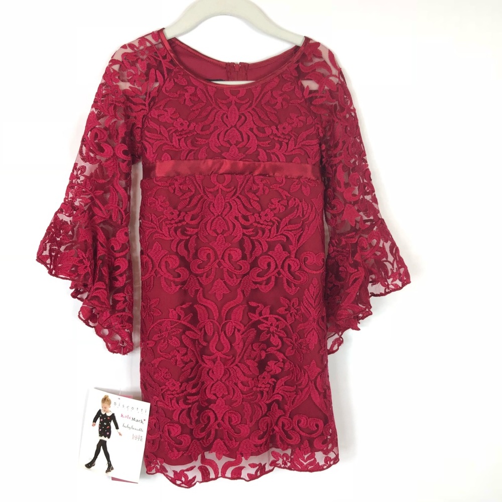 NWT Biscotti Red Floral Lace Bell Sleeve Dress Size 5